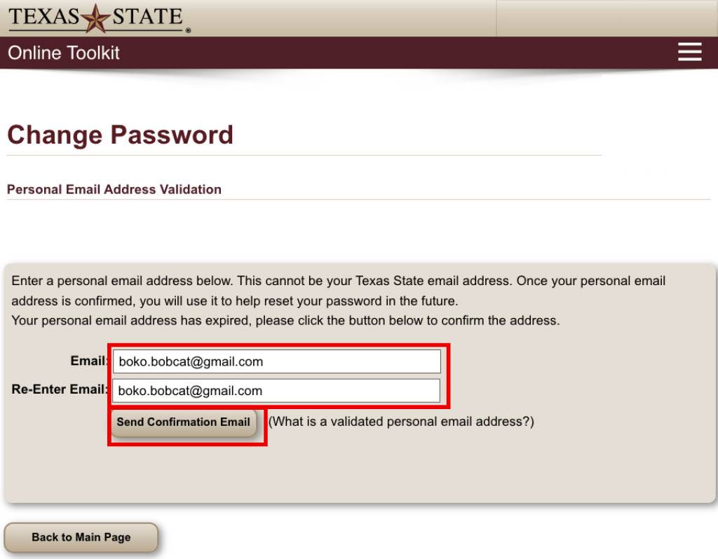 Change password screen with the fields for email and send confirmation button circled
