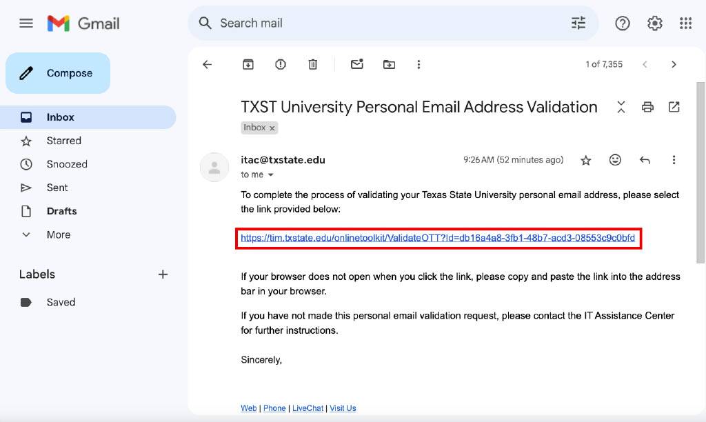 Gmail page with confirmation email from TXST open and link circled