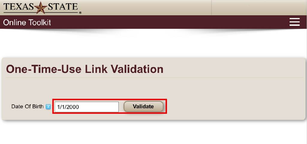 One time use link validation screen with date of birth field circled
