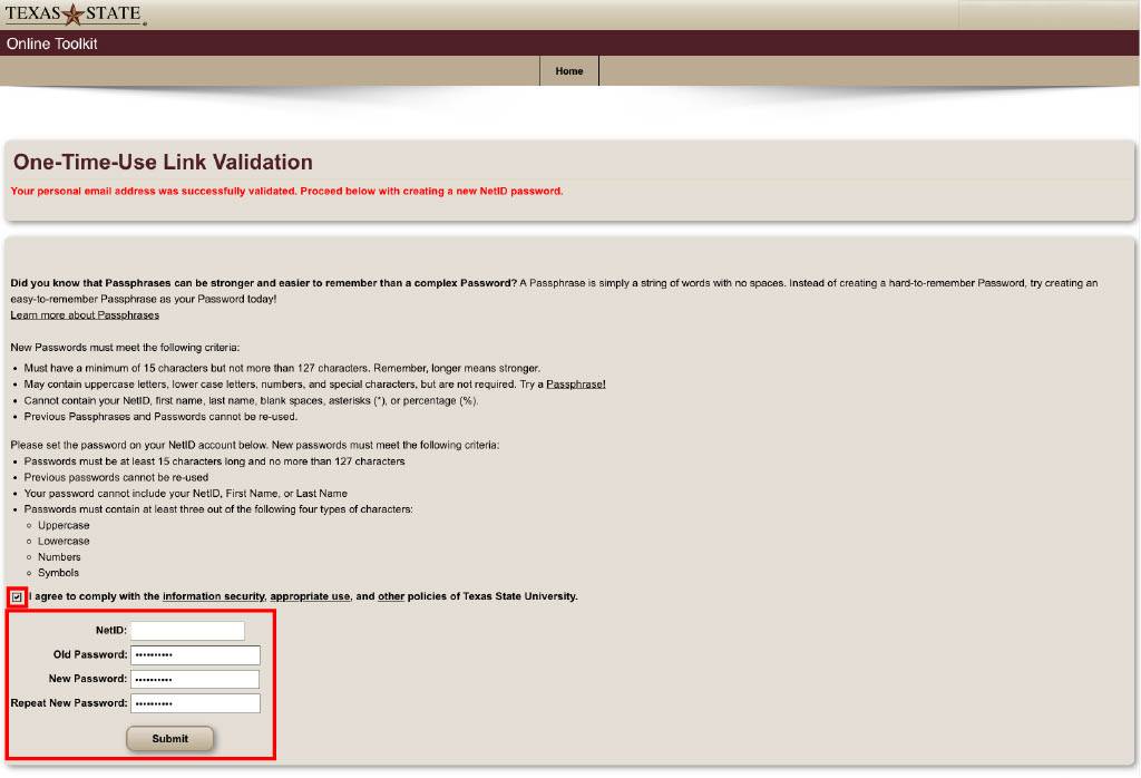 One-time use link validation screen. Circled is the checkbox for agreeing to apply with information security. Also circled are a column of informational fields to fill out, listing netid, old password, new password, and repeat new password.