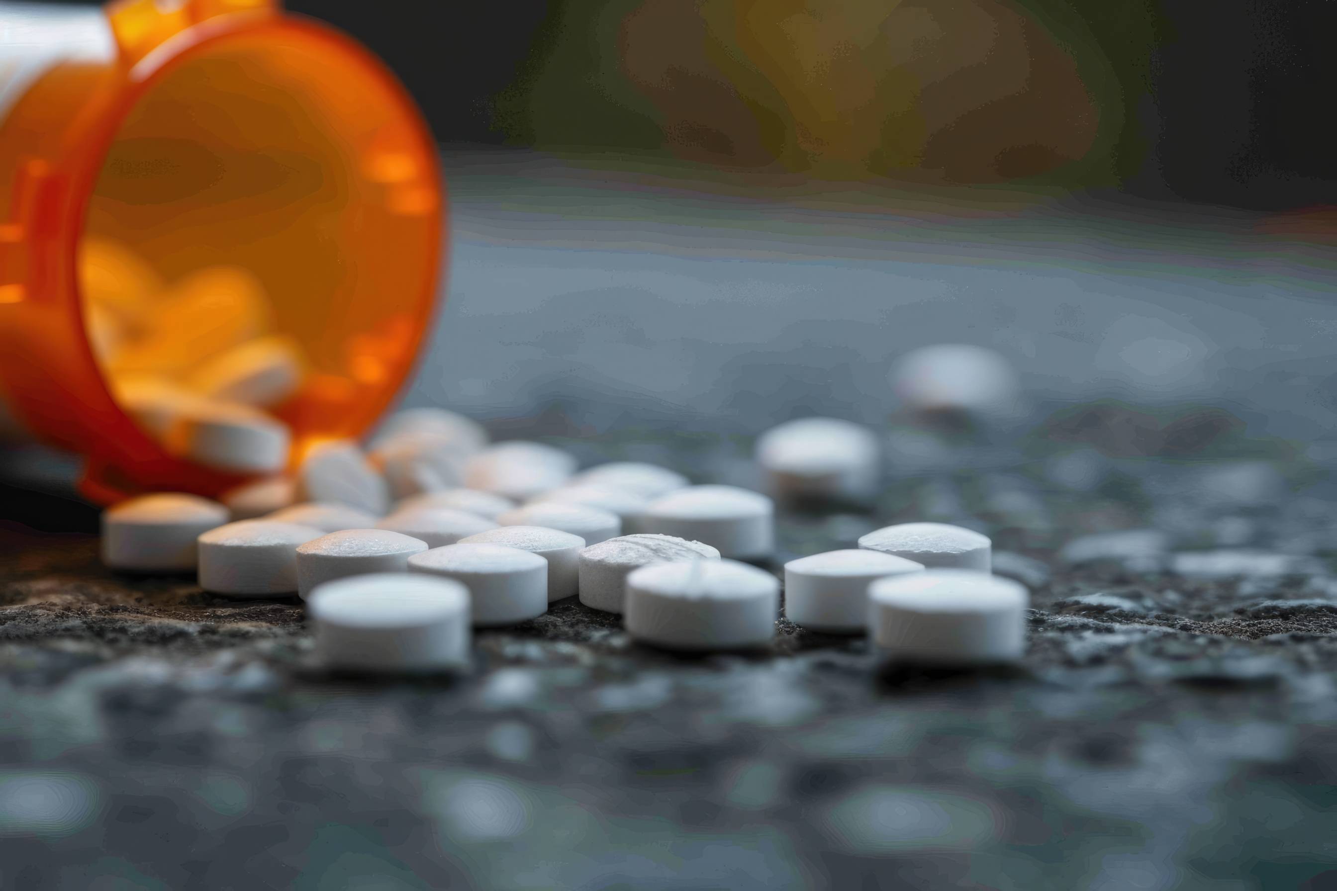 An open bottle of prescription drugs lay on a table.