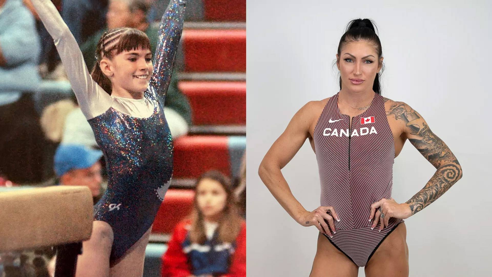 Anicka Newell as a child performing gymnastics next to a photo of her today in her pole vaulting uniform for the Canadian Olympic team 