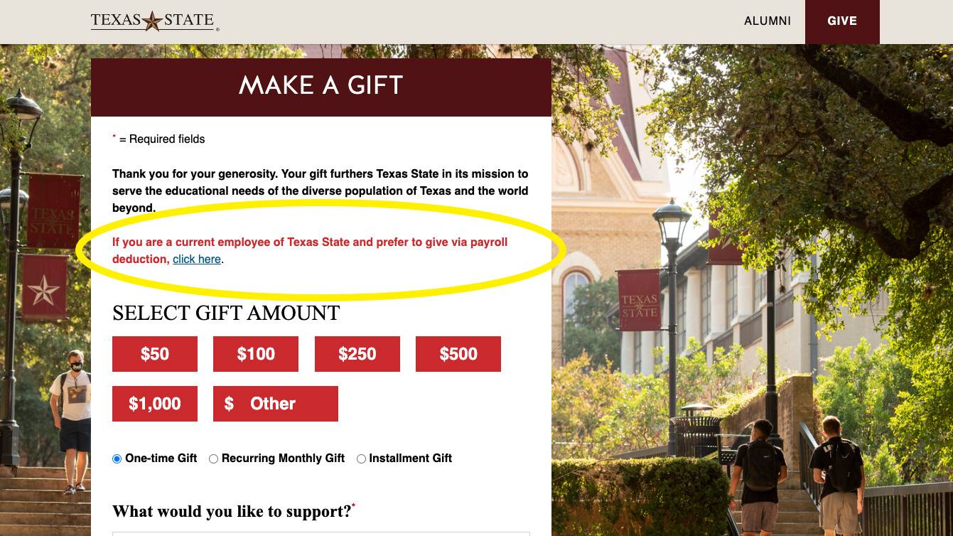 Screenshot of the Make a Gift page with a large yellow circle around the section where you set up payroll deductions