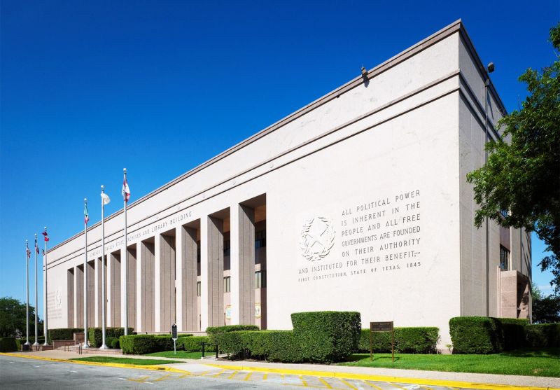 An outside view of The Lorenzo de Zavala State Archives and Library Building in downtown Austin, which houses the headquarters of the Texas State Library and Archives Commission.