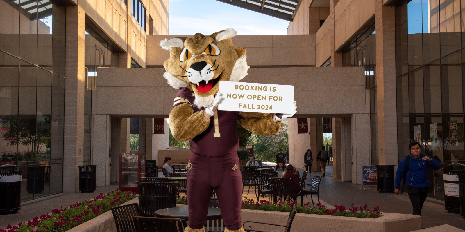 TXST mascot outside of the writing center