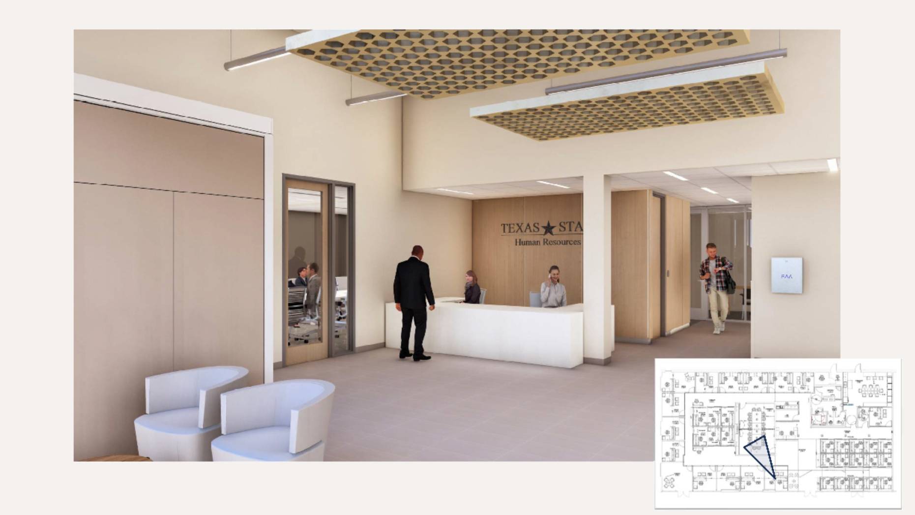 Rendering of proposed interior renovations in the existing Frost Bank building