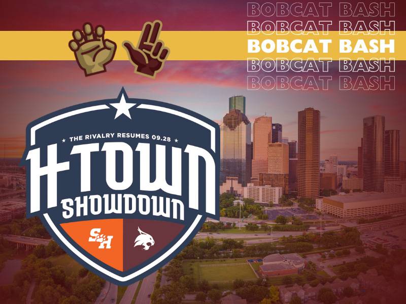 Bobcat Bash tailgate graphic with Houston skyline and H-Town Showdown wordmark for Sam Houston vs. Texas State