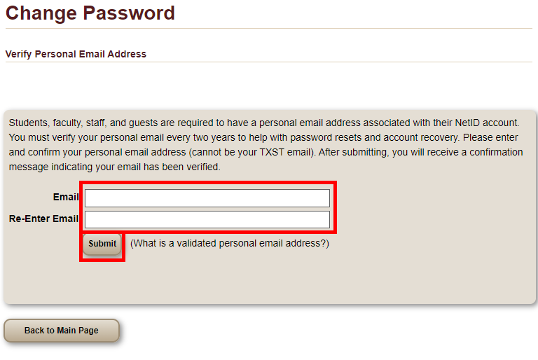 Change password screen asking to verify your email address. The fields to enter and re-enter email, as well as the submit button are circled.