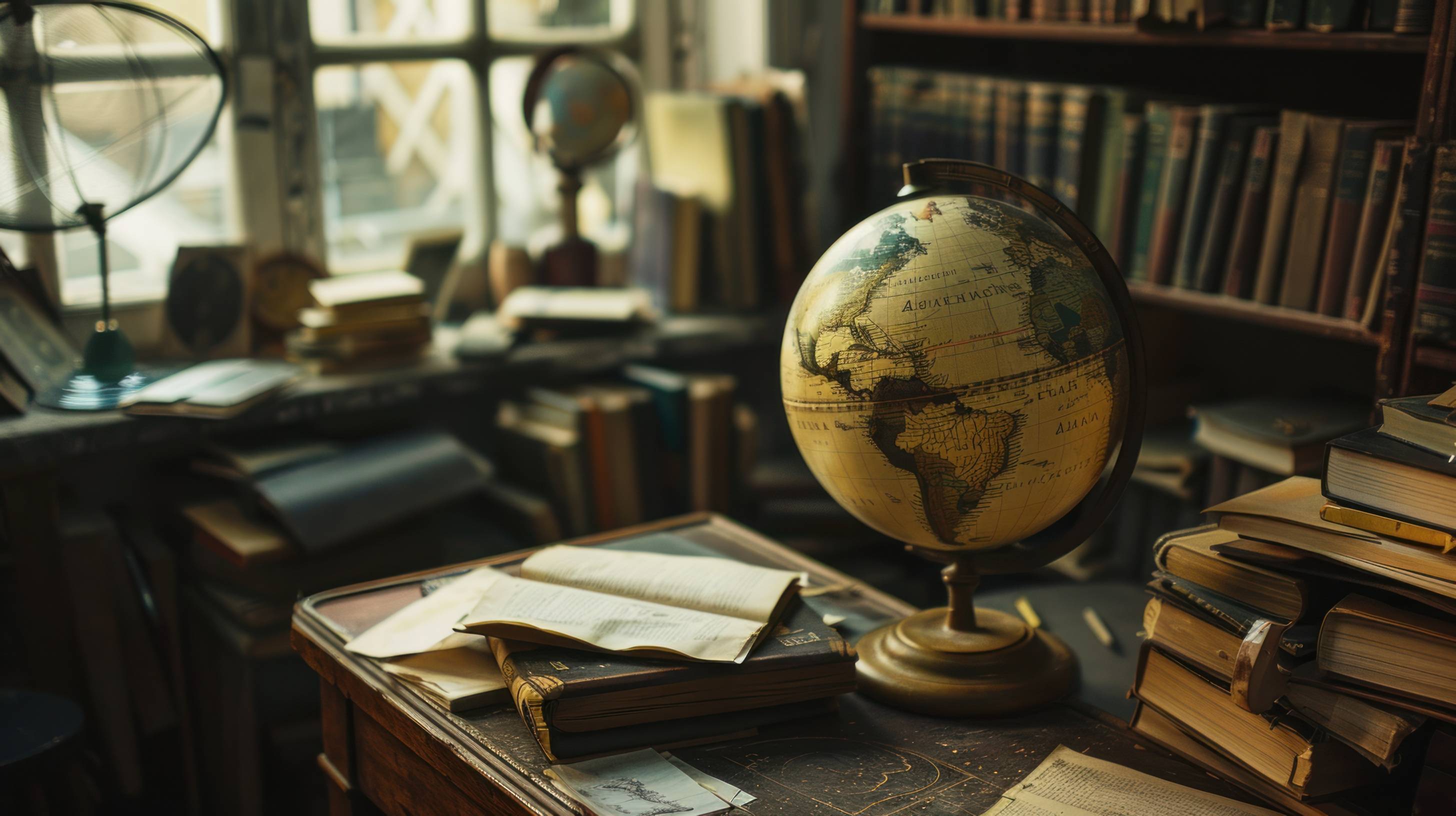 Image of a library with a globe and books