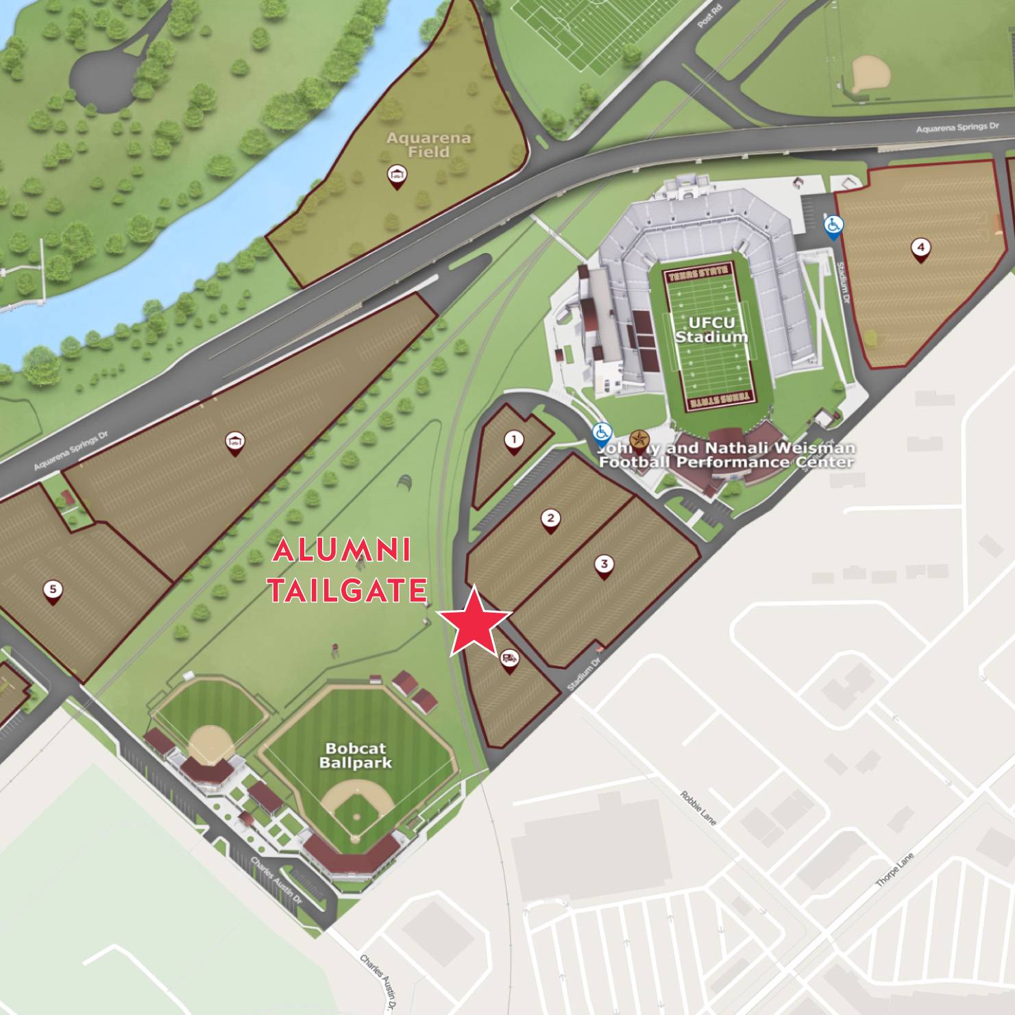 Map of Texas State University with star where the alumni tailgate is