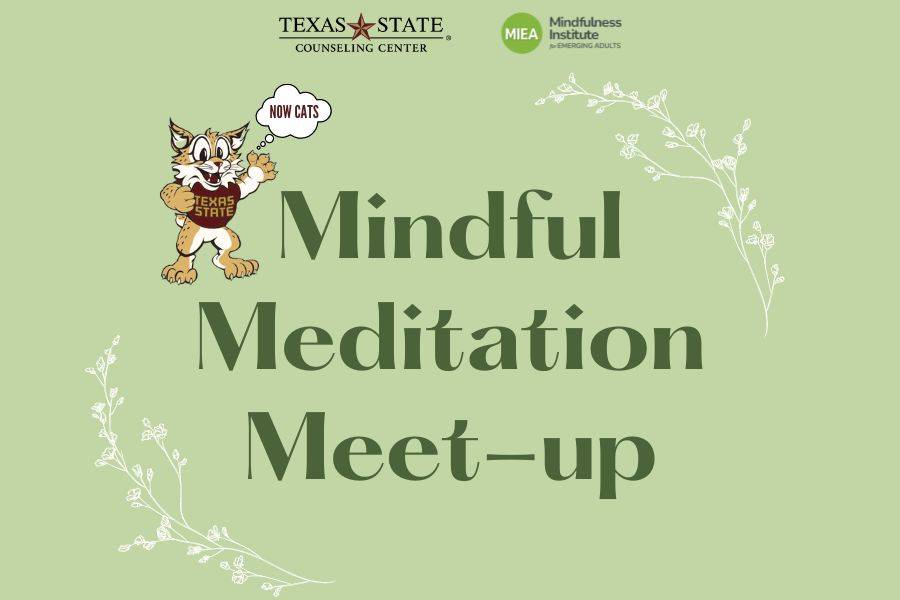 Text reads mindful meditation meet-up on green background 