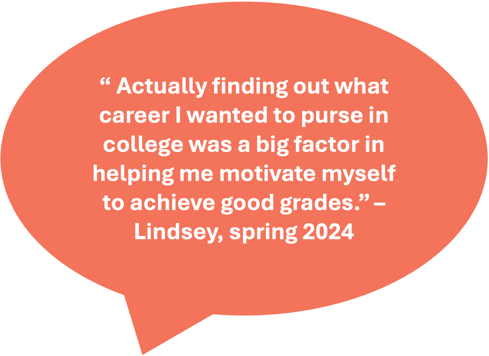 image reads: "Actually finding out what career I wanted to purse in college was a big factor in helping me motivate myself to achieve good grades. - Lindsey, spring 2024"