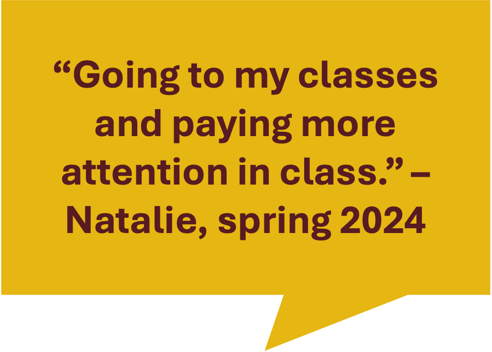 image reads: "Going to my classes and paying more attention in class. - Natalie, spring 2024"