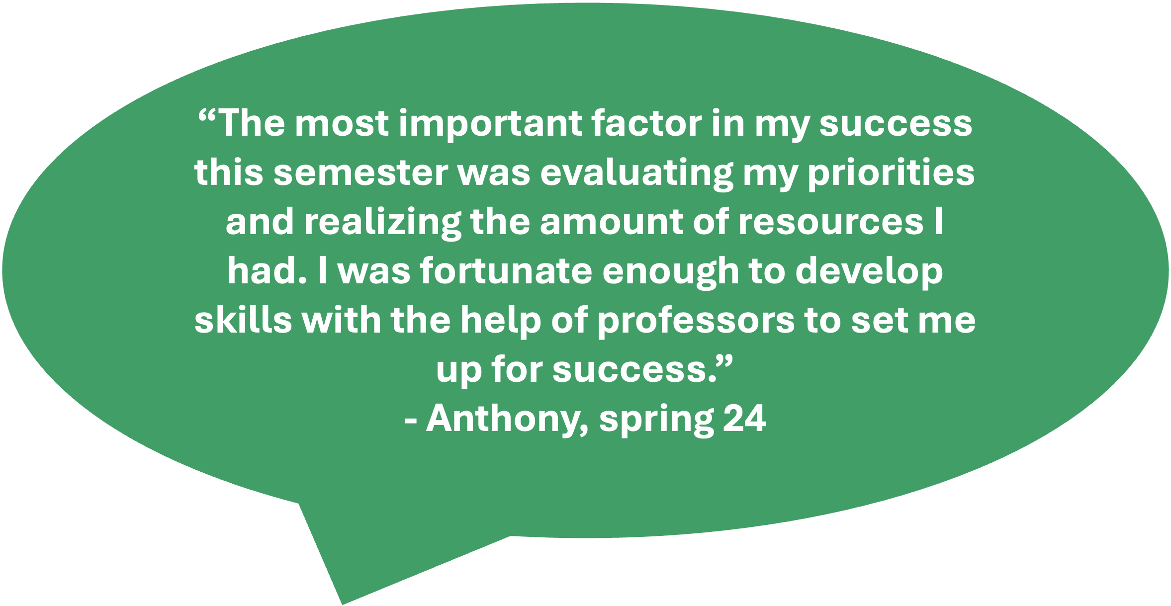 image reads: "The most important factor in my success this semester was evaluating my priorities and realizing the amount of resources I had. I was fortunate enough to develop skills with the help of professors to set me up for success. - Anthony, spring 2024"