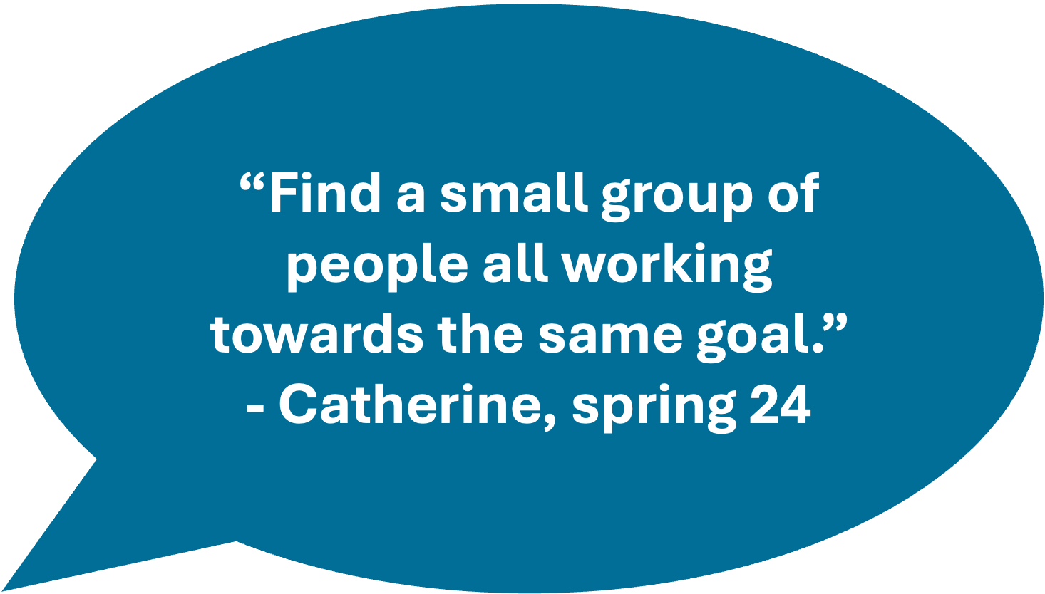 image reads: "find a small group of people all working towards the same goal. - Catherine, spring 2024"