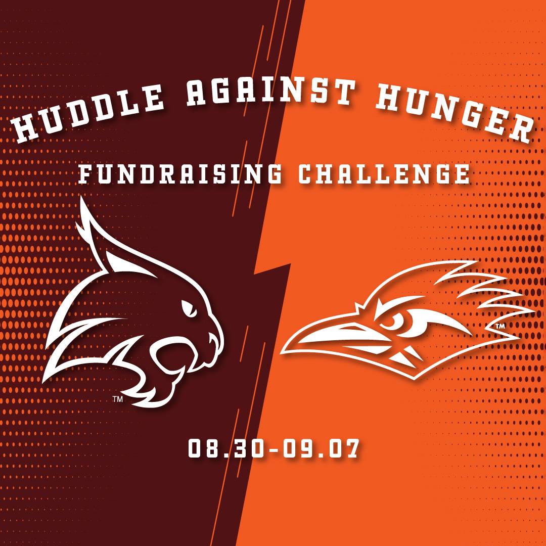 Maroon and orange graphic with bobcat logo and roadrunner logo with text huddle against hunger, fundraising challenge, August 30 to September 7