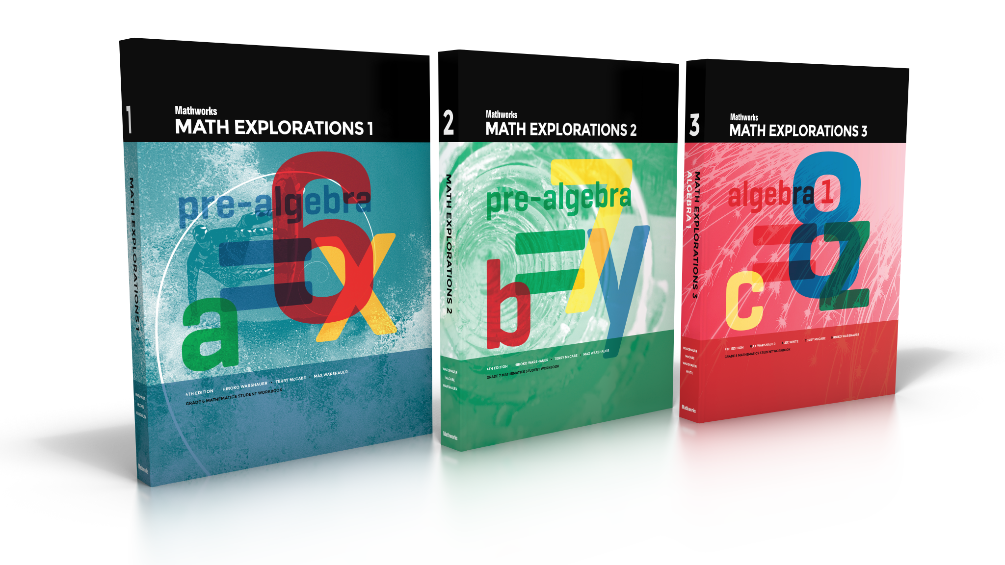 Three text books shows Math Explorations Curriculum (6th Grade in blue, 7th Grade in green, 8th Grade in red)