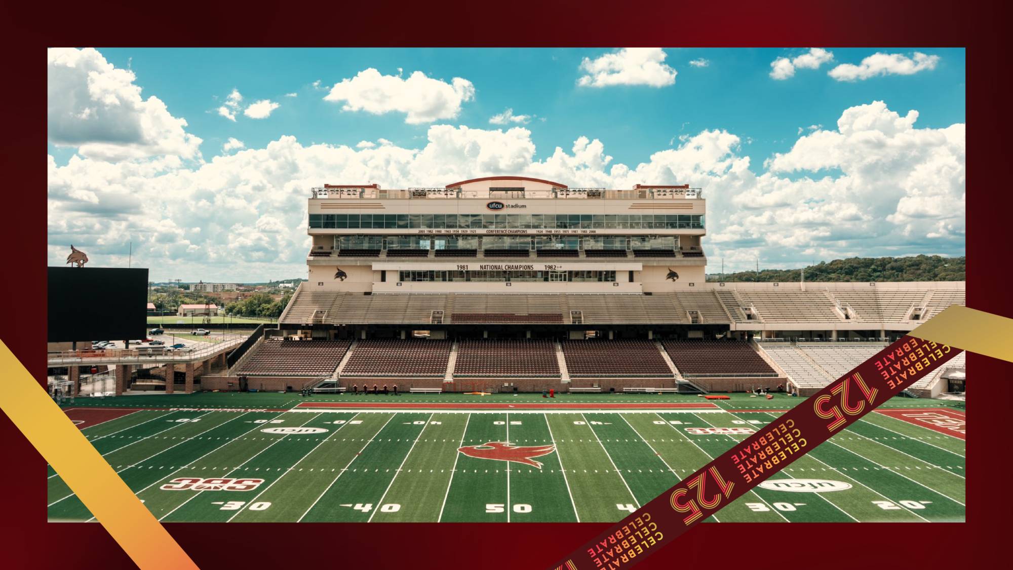 Celebrate 125 image with ribbon overlay in maroon and gold with an image of UFUC Stadium at TXST