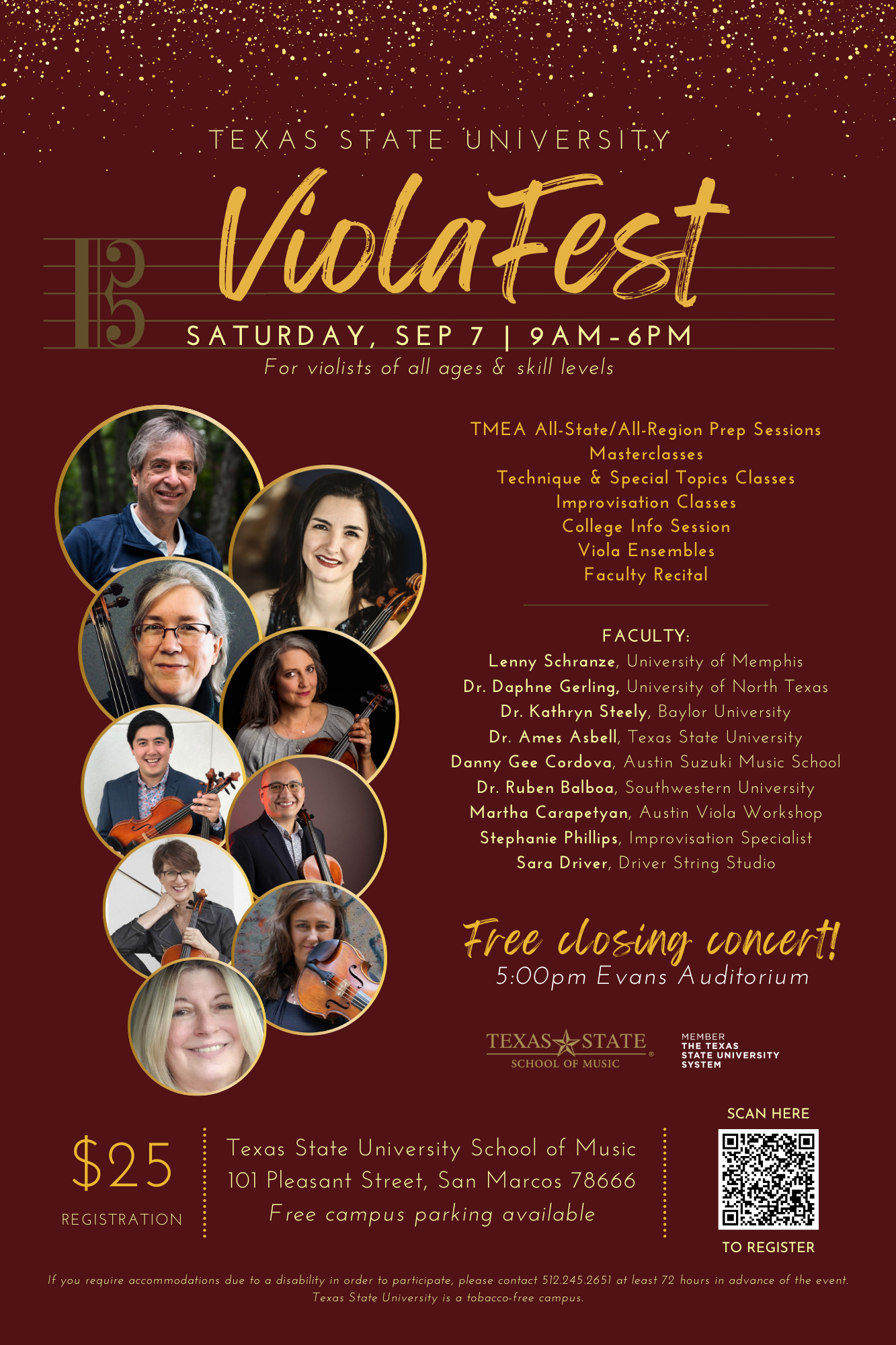 Maroon and gold poster advertising the Texas State ViolaFest