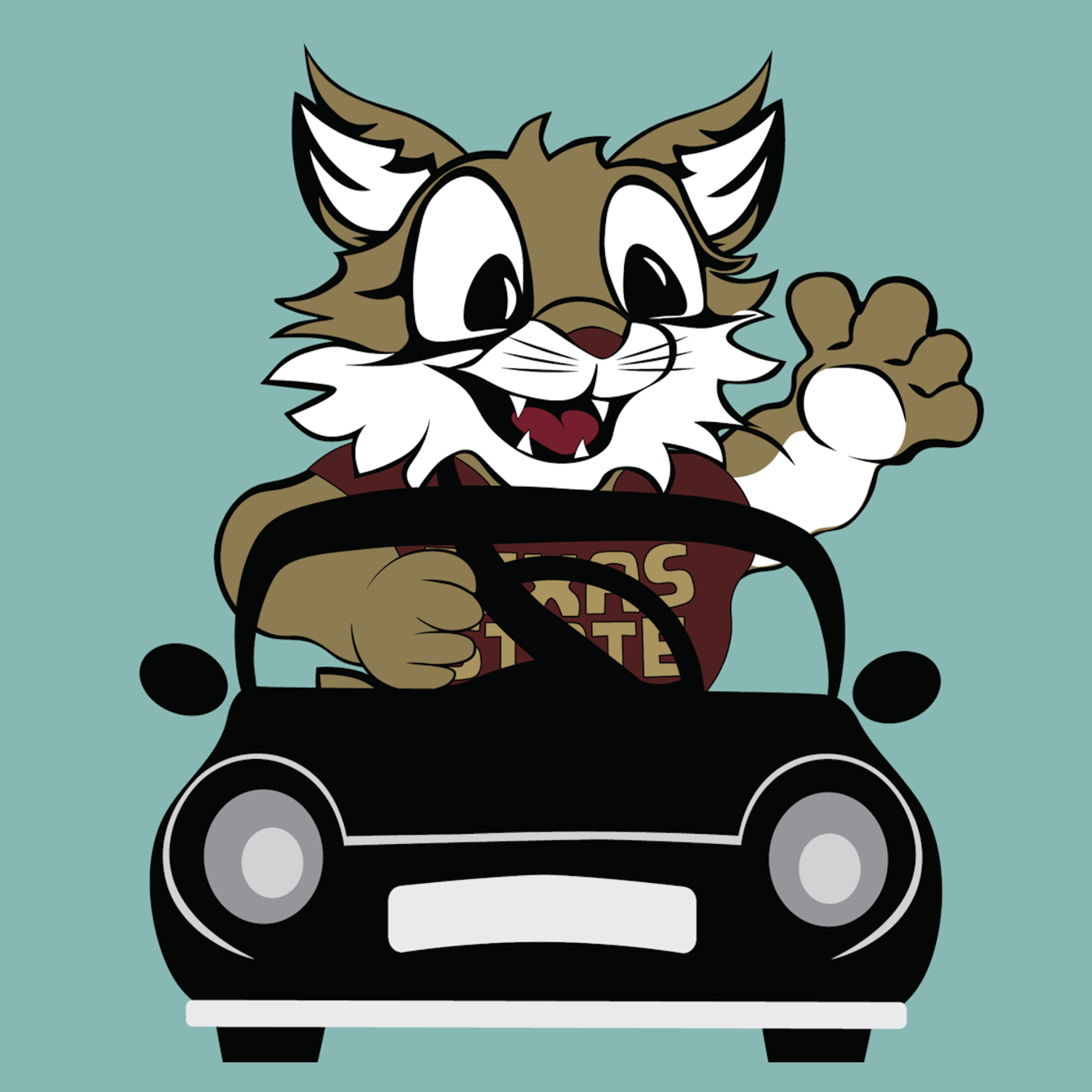 Image of Boko the Bobcat driving a car.