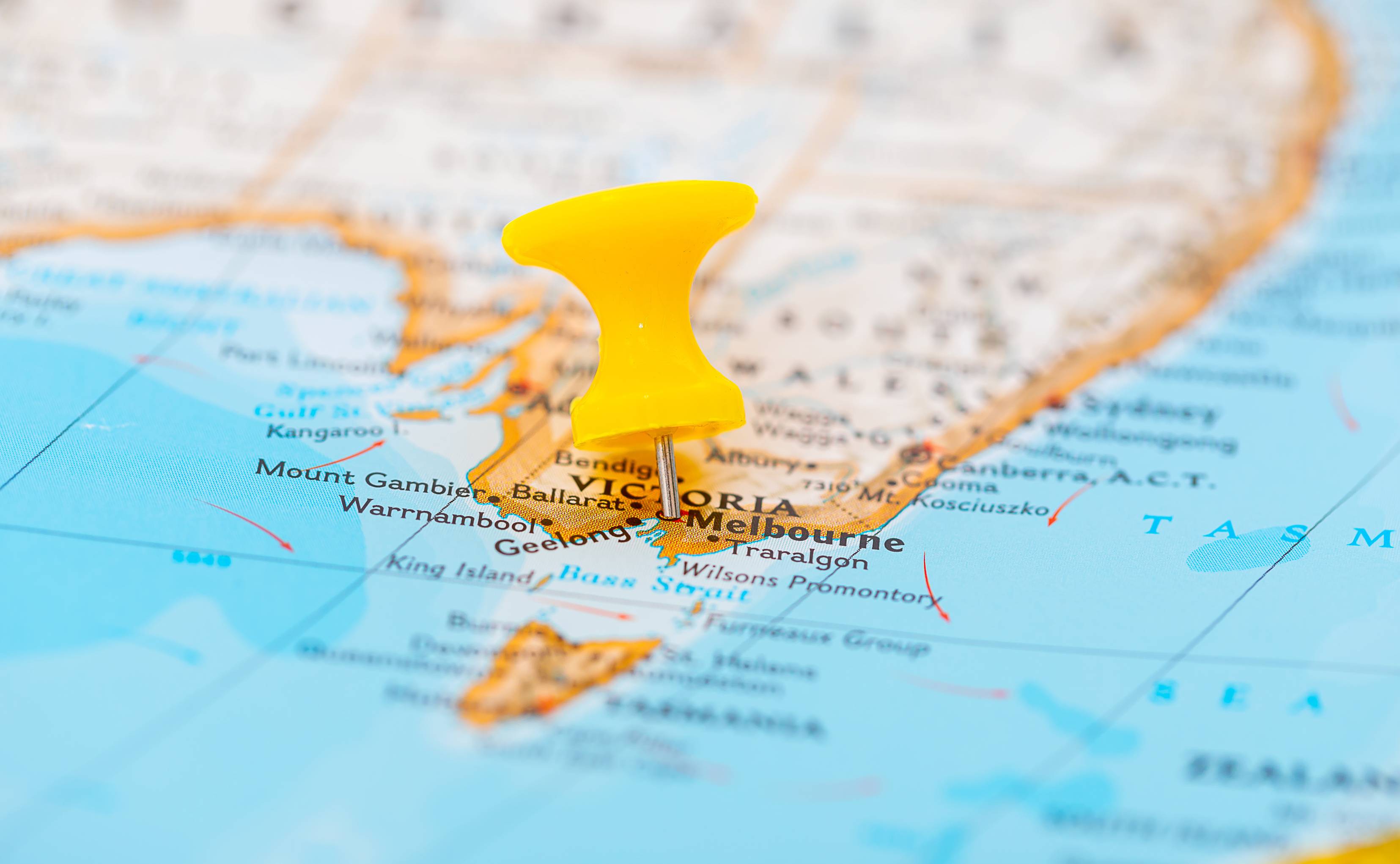 Map with pin stuck at Melbourne, the city capital of Australian State Victoria.