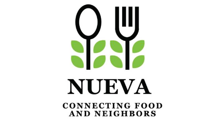 NUEVA logo containing an illustration of a fork and a spoon with leaves coming off of the sides of each.