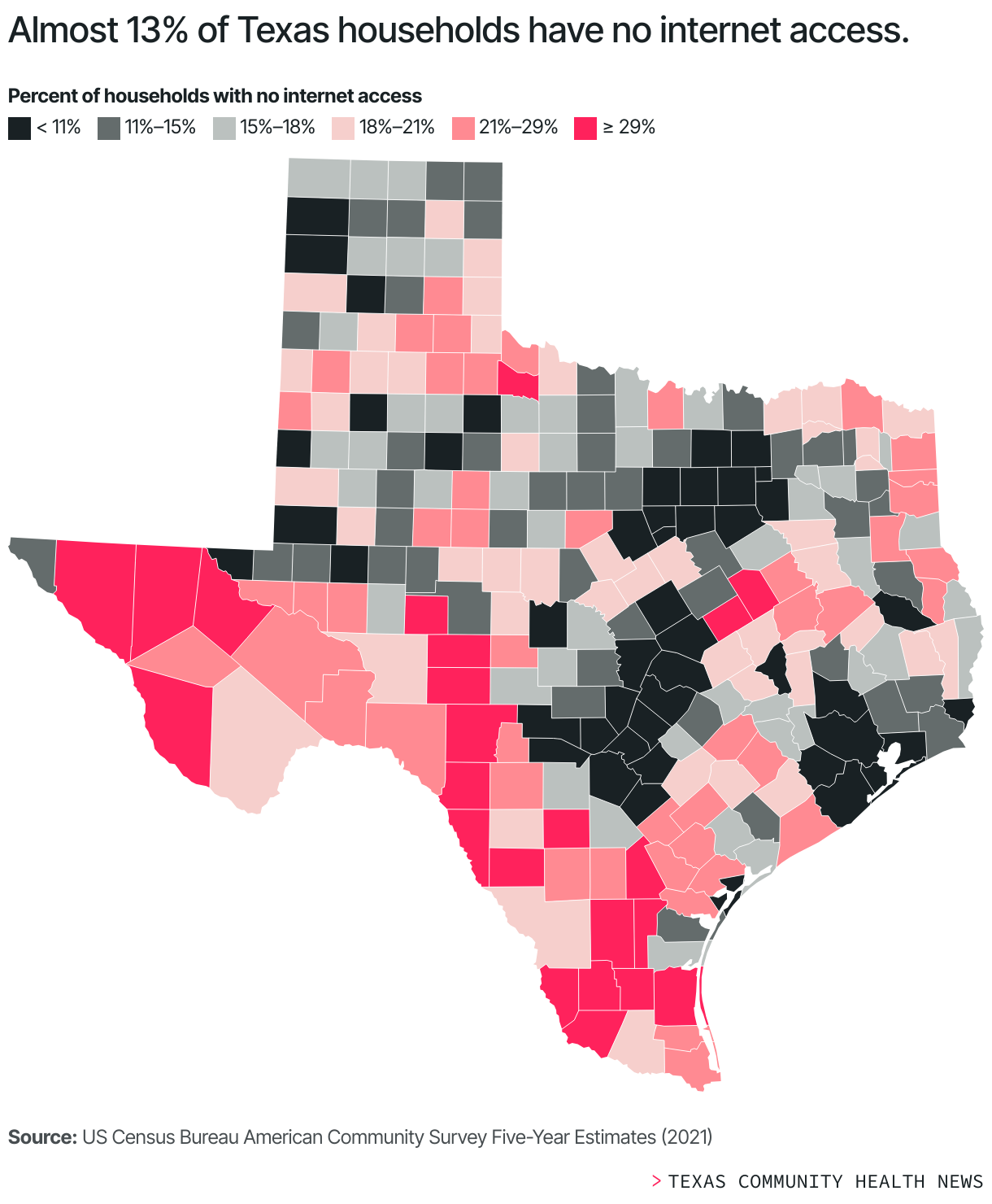 Graph of Texas showing the percentage of Texans who do not have internet access. "Almost 13% of Texas households have no internet access."