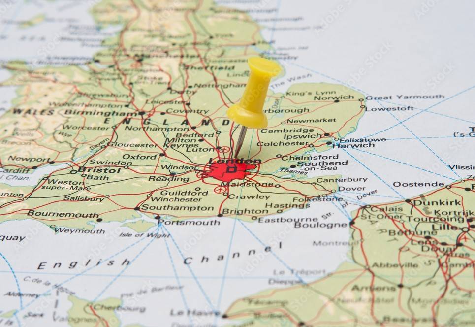 Map of England with red pin. 