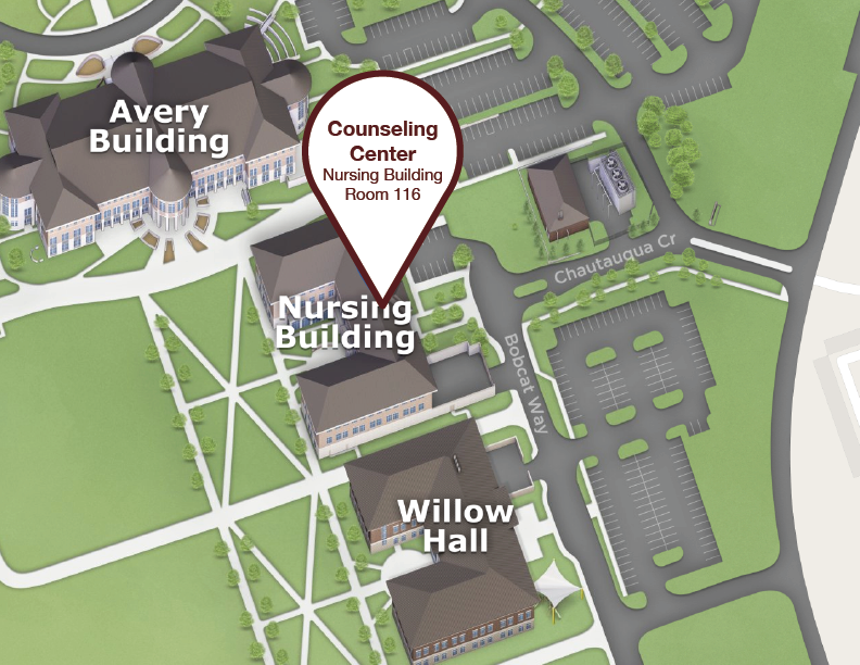 Map of Round Rock Campus, Counseling Center: Nursing Building Room 116. The Nursing Building is to the South of the Avery building. Room 116, which serves as the Student Health Center in Round Rock, is on the first floor of the Nursing Building, the Counseling Center is located within the Student Health Center Suite (116) in Round Rock.