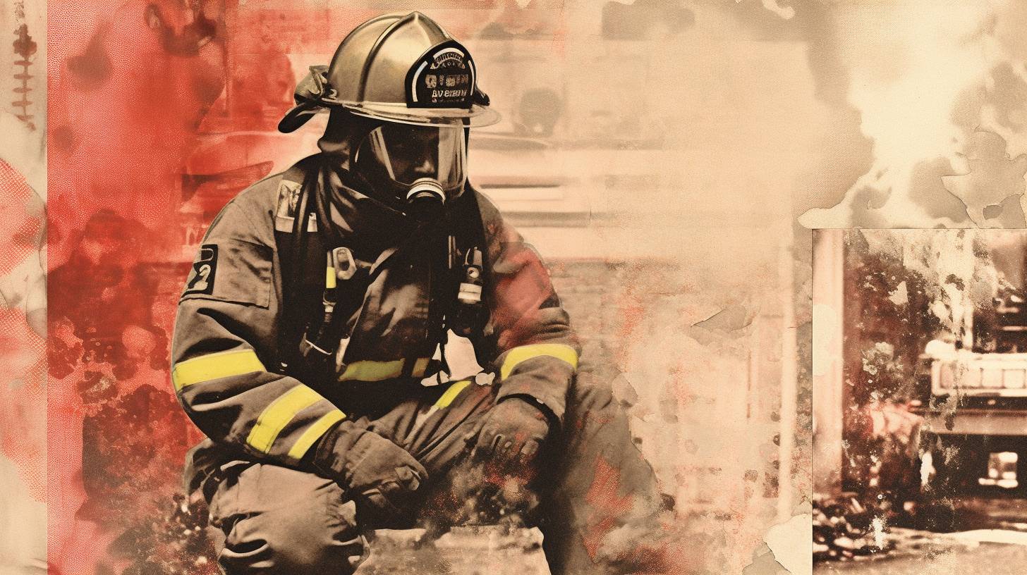 An animated graphic of a firefighter kneeling down surrounded by fire.