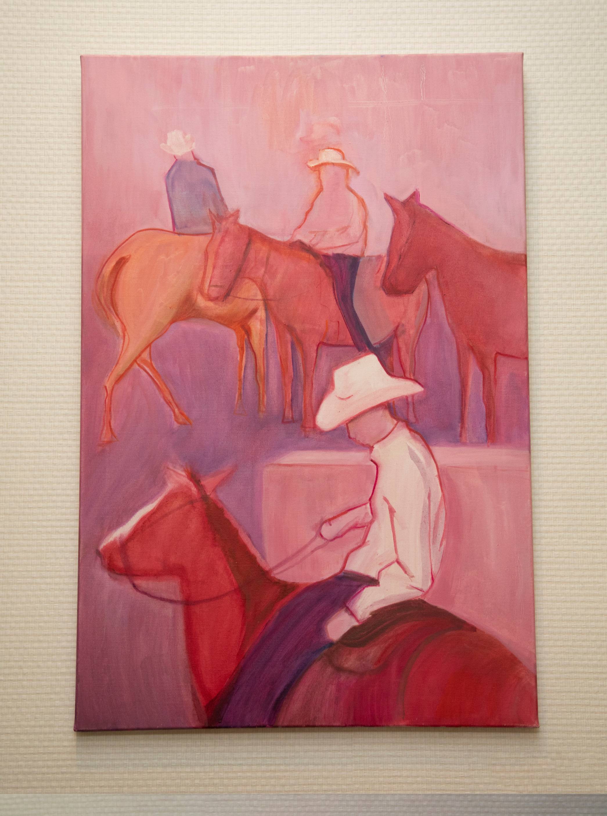 painting of men on horses in a pink color palette