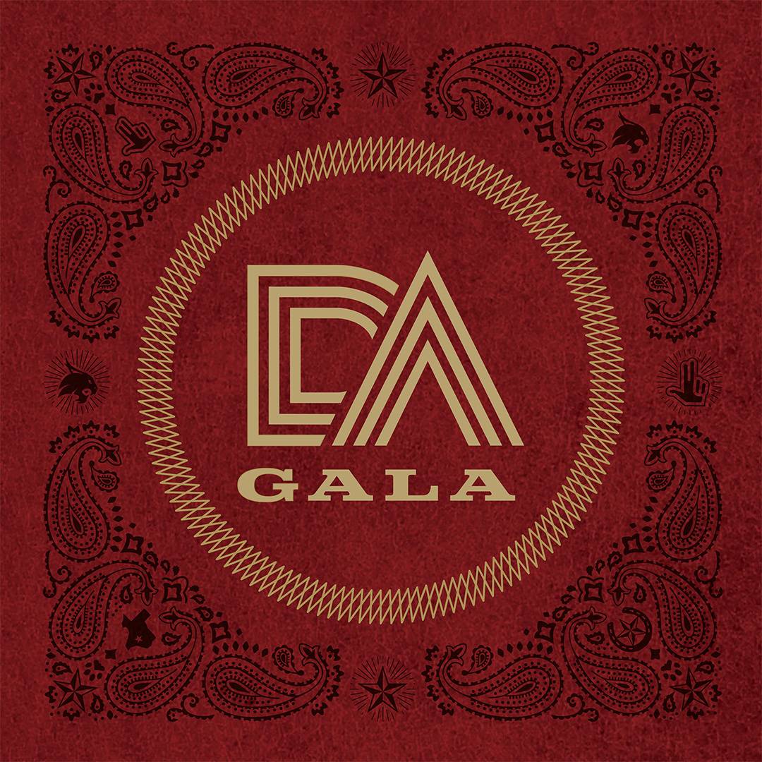 Gold DA gala photo with western details on a maroon background