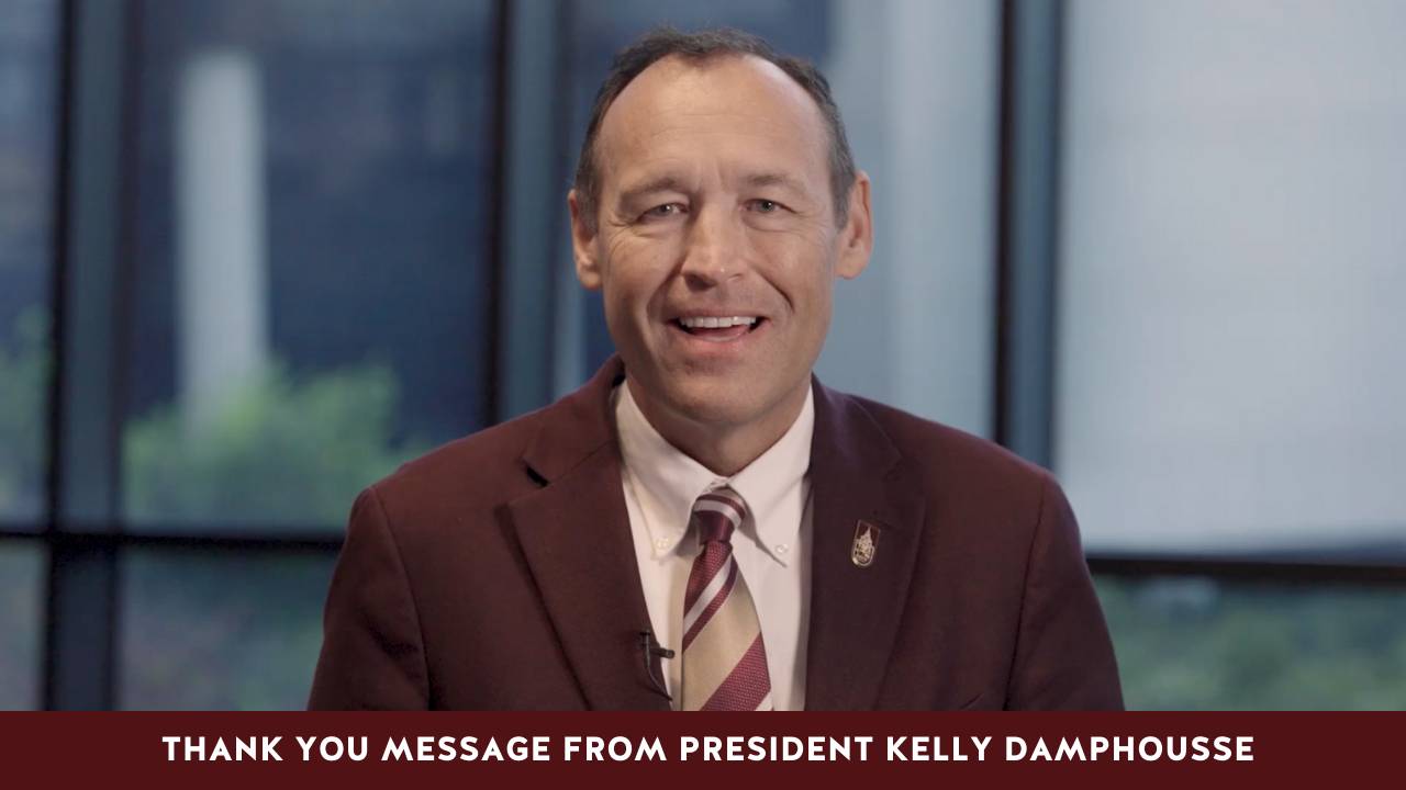 kelly damphousse with text that says 'thank you message from president kelly damphousse'