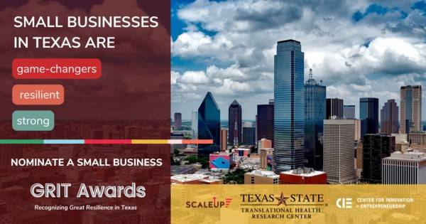 "Small Businesses in Texas State" Graphic flyer with an image of downtown Dallas.