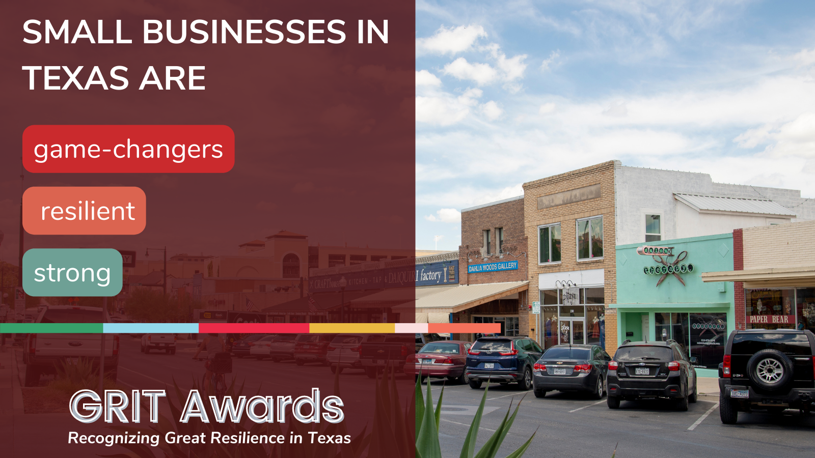 "Small Businesses in Texas State" graphic flyer with an image of the shops of downtown San Marcos.