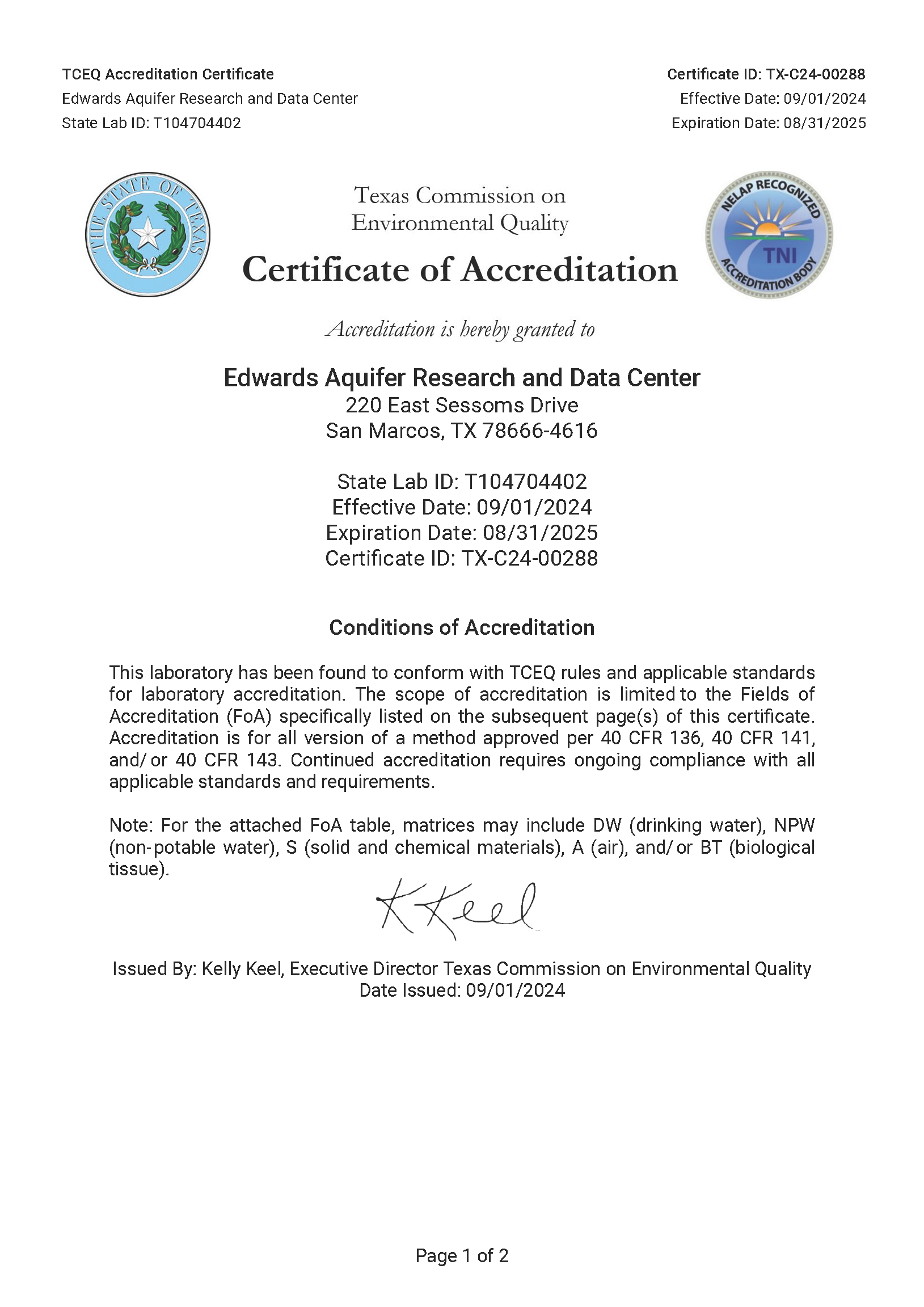 NELAC accreditation certificate