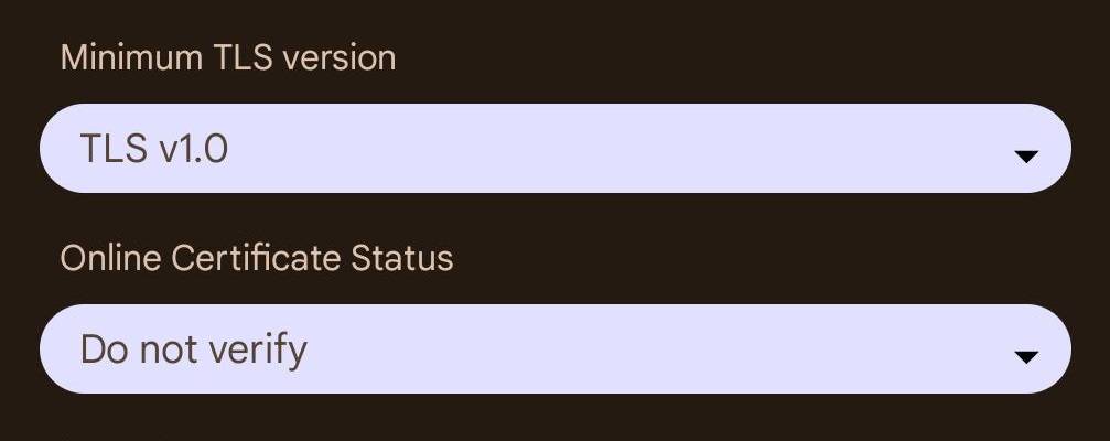 Minimum TLS version is set to "TLS v1.0" by default. Right below this, Online Certification Status is set to "Do not verify".