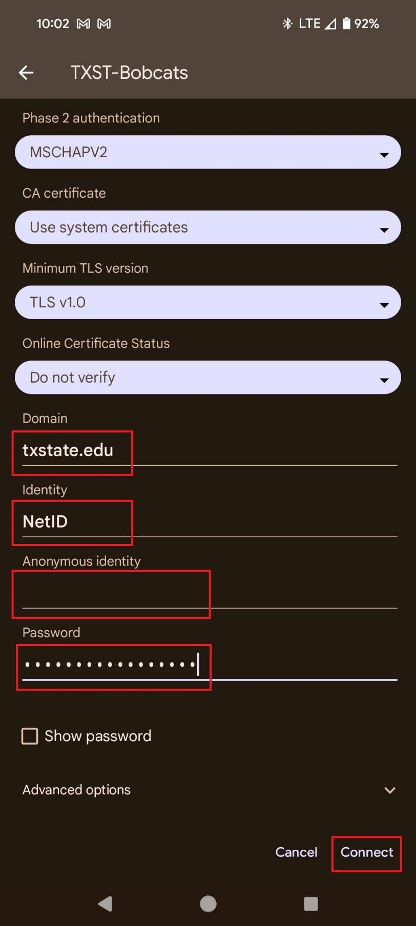 Under Domain is "txstate.edu". Identity is "NetID". Anonymous identity is blank and your NetID is the password".