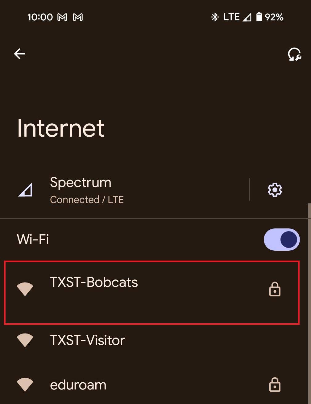 On Wi-Fi settings, the top option is "TXST-Bobcats".