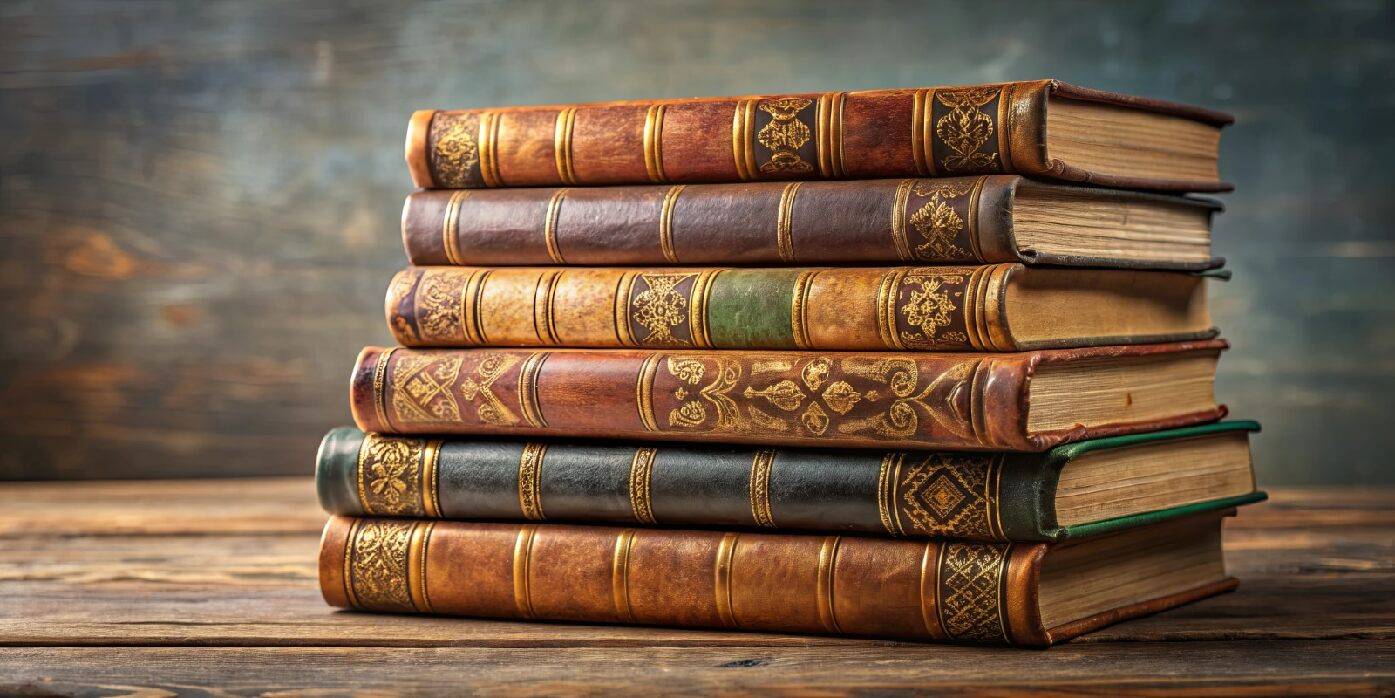 Stack of old books sitting on a desk. 