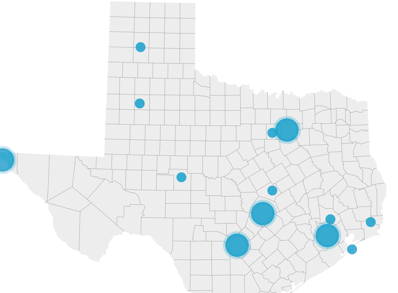 An illustration of the state of texas with highlighted areas that show pediatric care facilities.