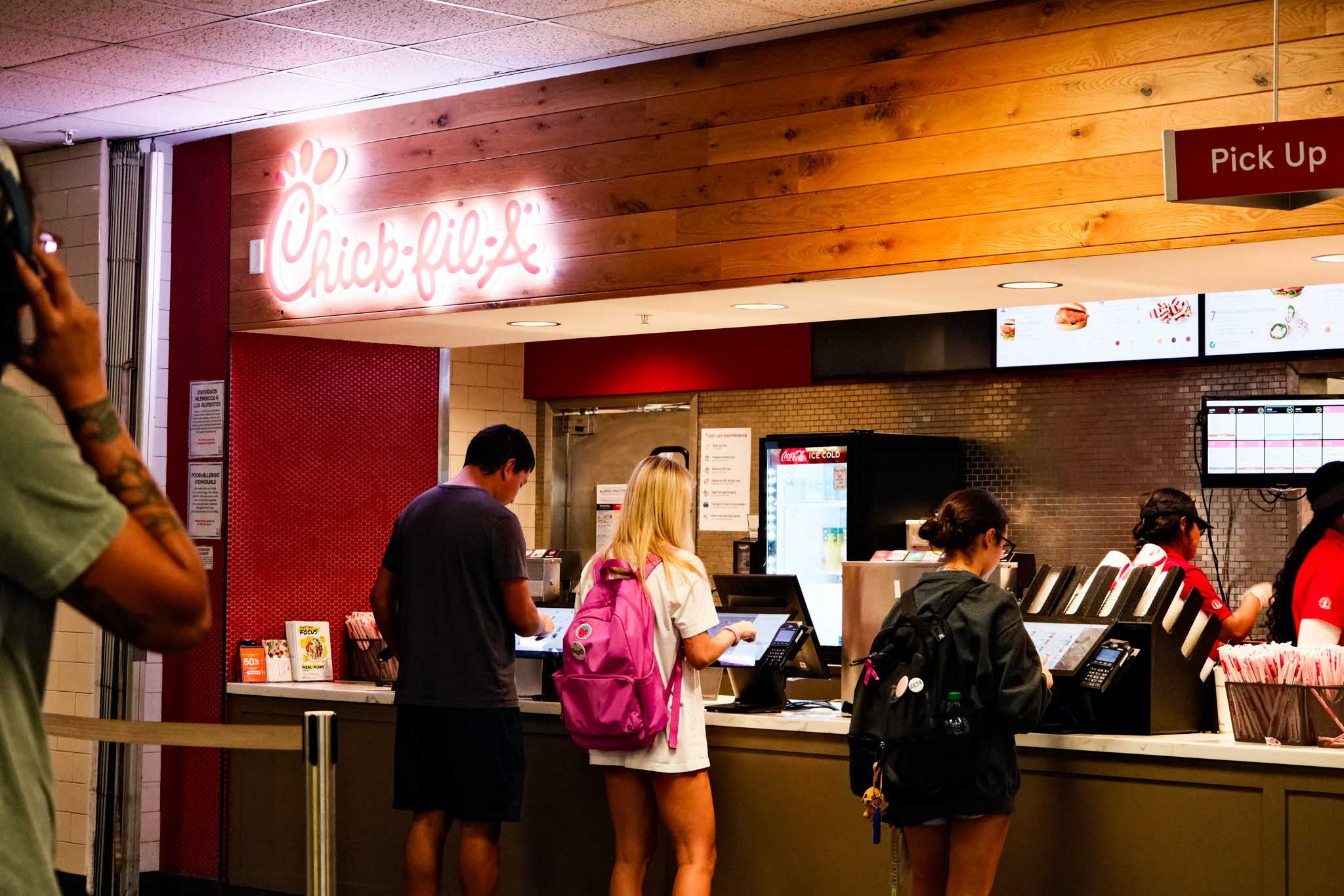 Chick Fil A and people in line in the LBJ Student Center