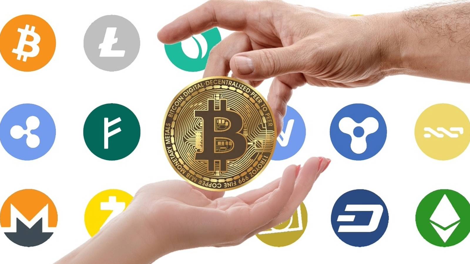 cryptocurrency graphic backdrop with two individuals hands exchanging gold coin representing Bitcoin