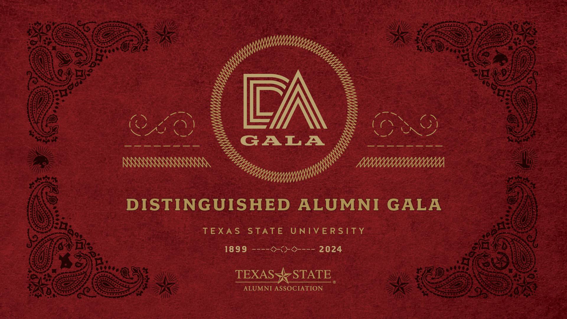 Gold distinguished alumni gala logo on a maroon leather textured background with bandana style decorative design with hidden bobcat and texas state hand sign symbols