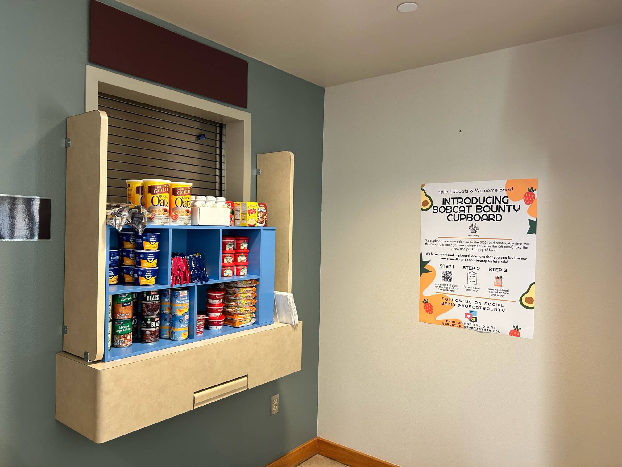 Photo of the Bobcat Pantry Shelf in the Student Health Center