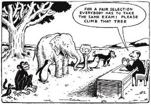 A cartoon graphic with animals in front of a professor with a tree behind them. The text reads, "For a fair selection, everybody has to take the same exam: Please climb that tree."