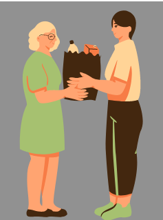 A lady handing a bag of food to an elderly woman.