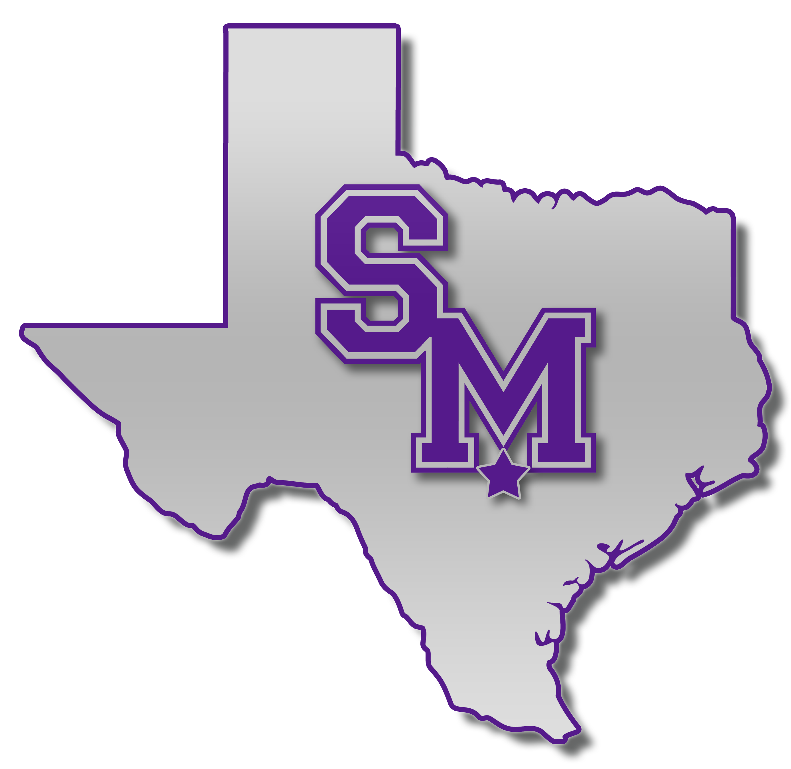 San Marcos Independent School District digital logo. bold, capital, purple letters S and M within the center of a gray colored Texas with purple outline.