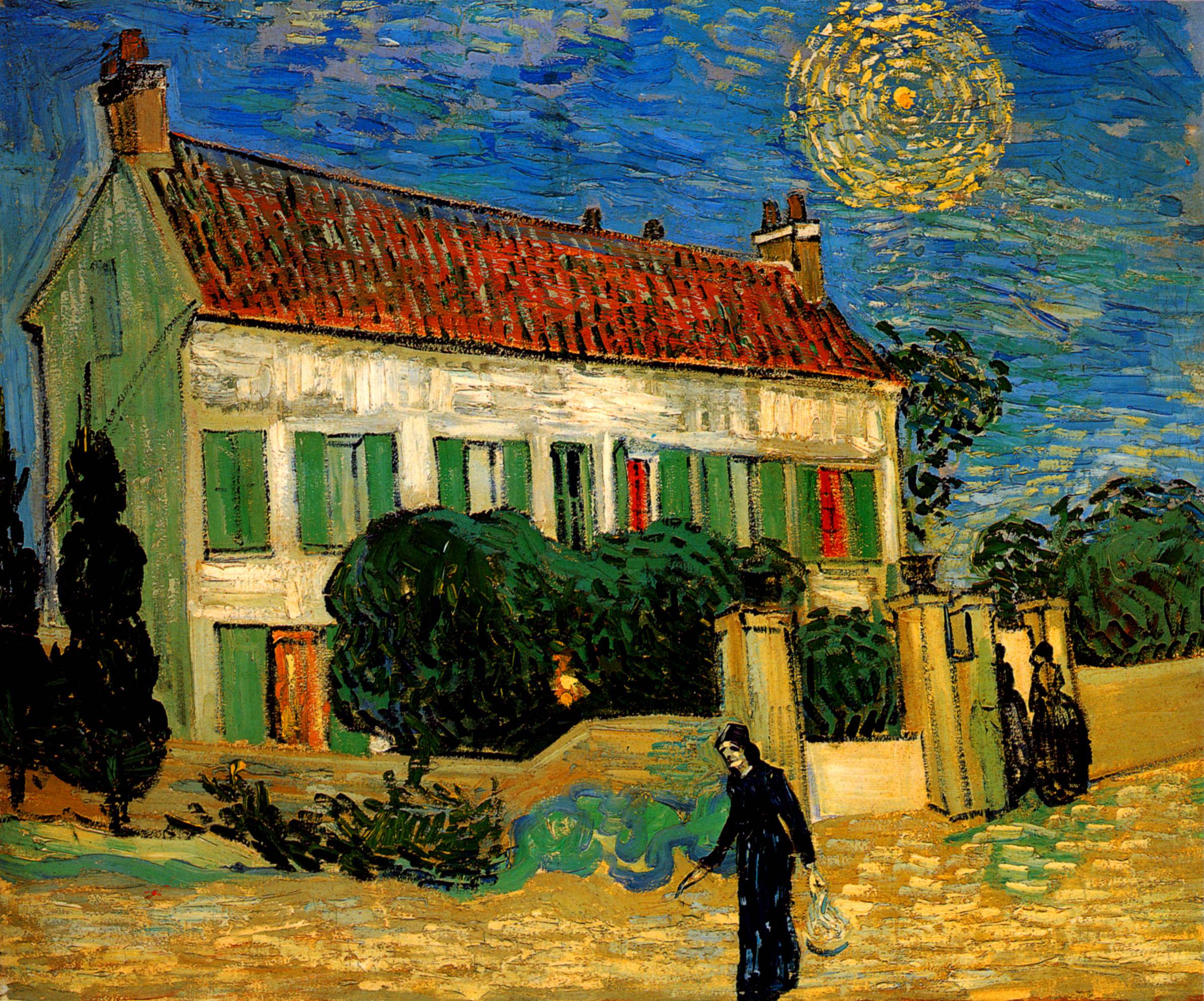 "White House at Night" by Vincent van Gogh shows a white building illuminated by warm light against a dark, starry sky. The sky is filled with swirling stars, and a winding path leads to the house, surrounded by dark trees. The scene combines calmness with dynamic brushstrokes, creating a sense of peaceful movement.