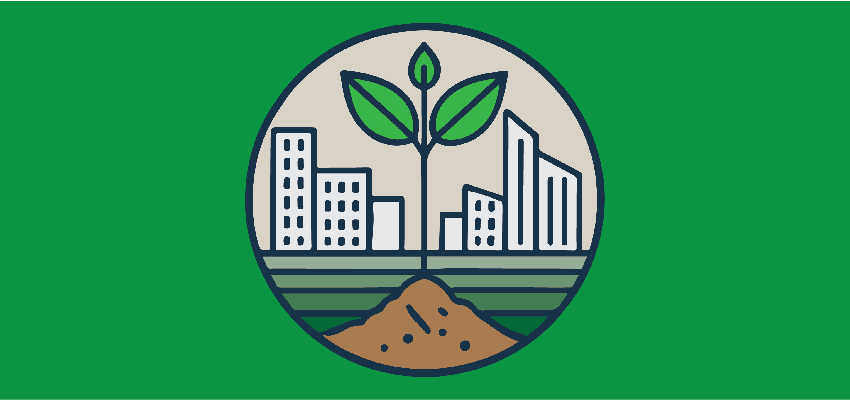 An illustration of a plant growing in a city with tall buildings.